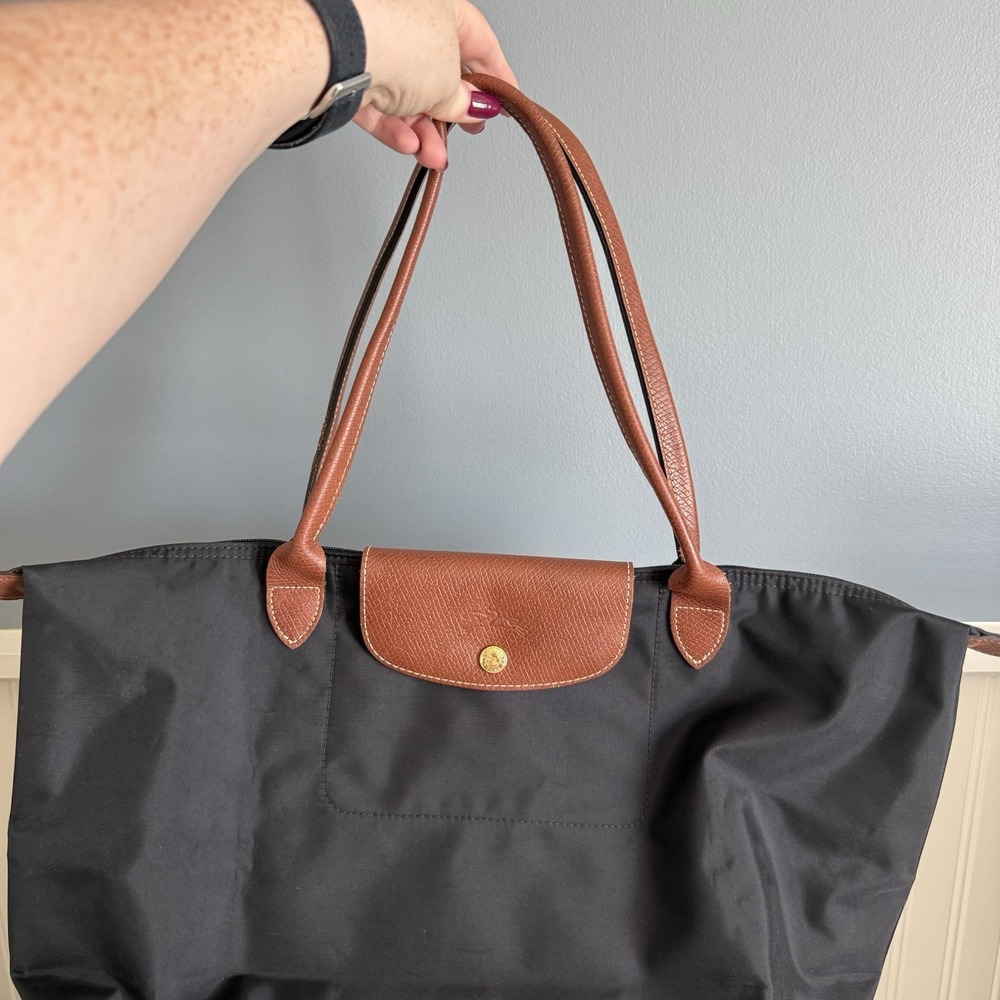 LONGCHAMP Le Pliage Large Tote Bag Black Brown Nylon Shoulder Bag Purse EUC - Picture 2 of 13